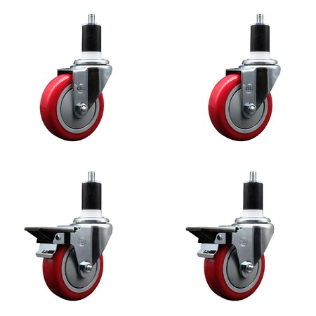 Service Caster 4'' Red Poly Wheel Swivel 1-1/2'' Expanding Stem Caster Set 2 Brakes, 4PK SCC-EX20S414-PPUB-RED-2-PLB-2-112